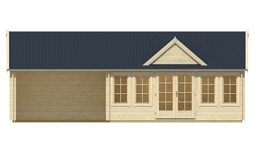 Blokhut - Tuinhuis - Home Office 70mm Big Ben met overkapping Prijs exclusief dakbedekking, ramen en deuren  Shingles: 57 m² Afmeting: L930xB400xH351cm Ramen en deuren naar keuze bij te bestellen