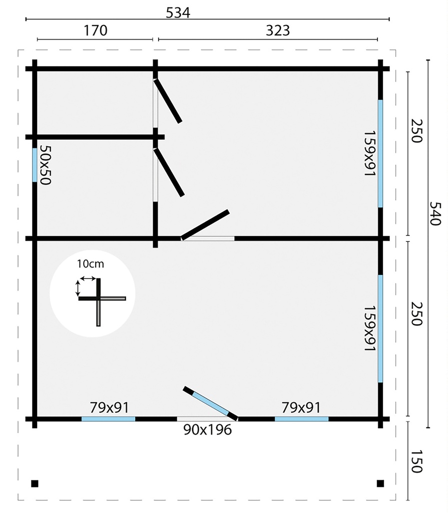 Blokhut - Tuinhuis - Home Office 70mm Ennis incl. 27mm vloer/dak Prijs exclusief dakbedekking, ramen en deuren Dakleer: 56,5 m² / Shingles: 45 m² / Aqua: 54 STK / Profiel: zie tab Afmeting: L534xB540xH290cm Ramen en deuren naar keuze bij te bestellen