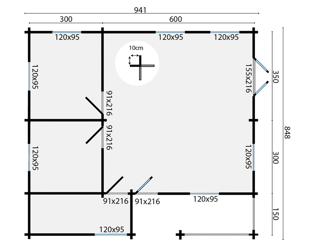 Blokhut - Tuinhuis - Home Office 70mm Azores incl. 27mm vloer/dak Prijs exclusief dakbedekking, ramen en deuren Dakleer: 120 m² / Shingles: 99 m² / Aqua: 110 STK / Profiel: zie tab Afmeting: L848xB941xH317cm Ramen en deuren naar keuze bij te bestellen