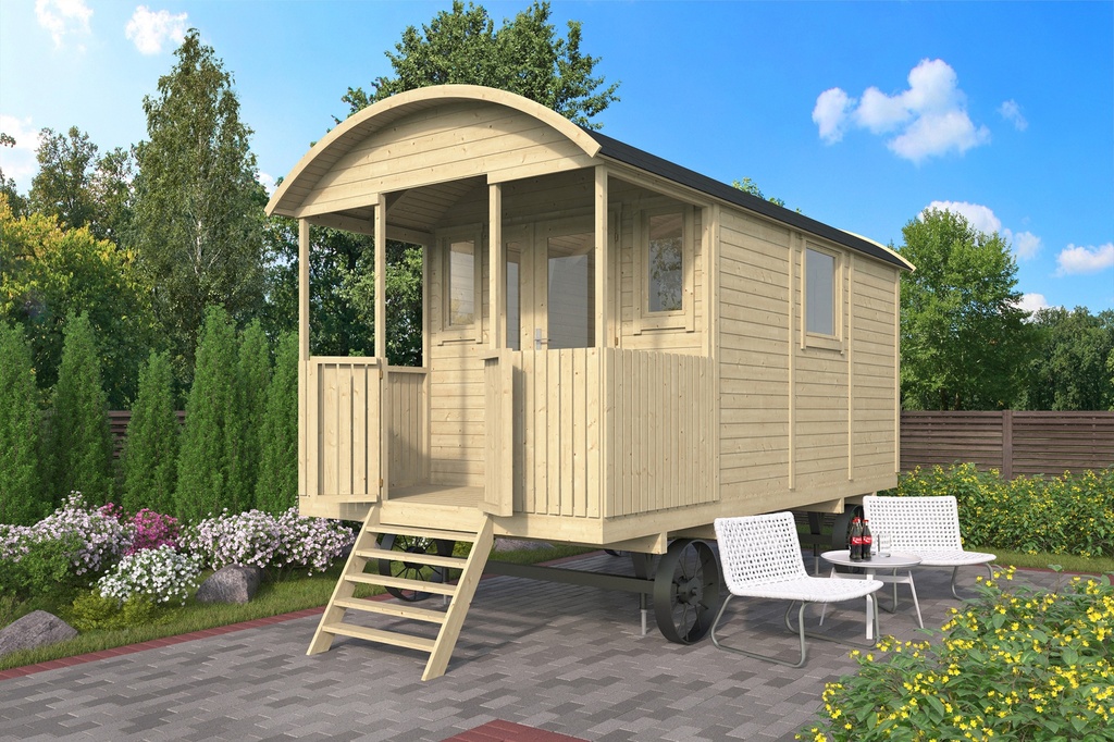 Zigeunerwagen 480cm incl. Veranda Paddy met vooringang excl. Onderstel Prijs exclusief dakbedekking - dient apart besteld te worden Dakleer: 20 m² Afmeting: L360+120xB240xH325cm (hoogte incl. wielen) dubbel glas