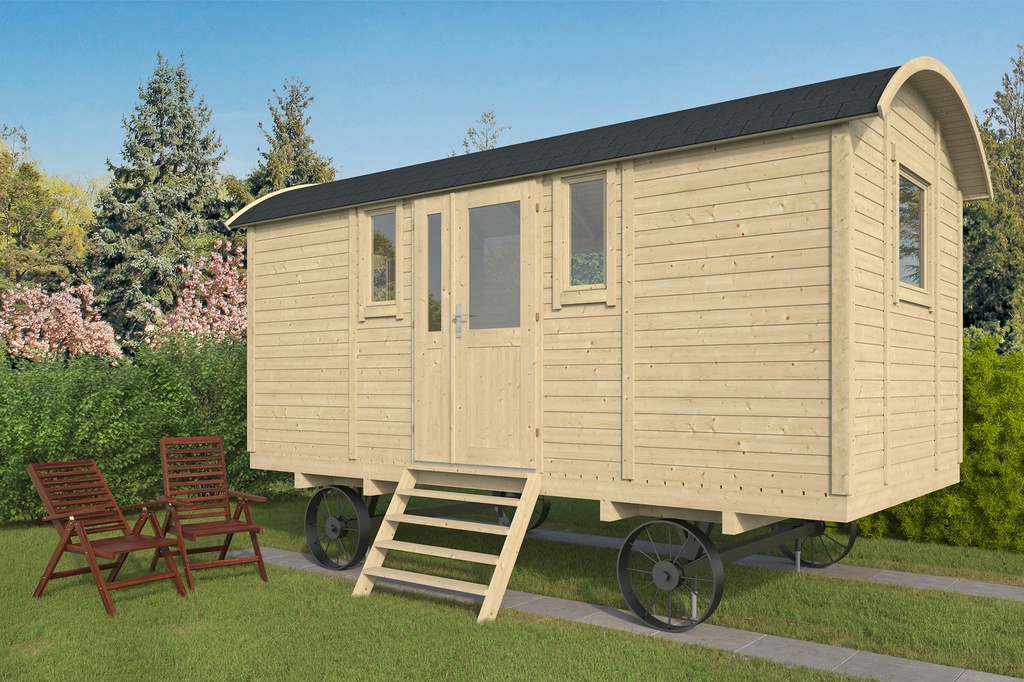 Zigeunerwagen 480cm Patricia met zij-ingang excl. Onderstel Prijs exclusief dakbedekking - dient apart besteld te worden Dakleer: 20 m² Afmeting: L480xB237xH325cm (hoogte incl. wielen) dubbel glas