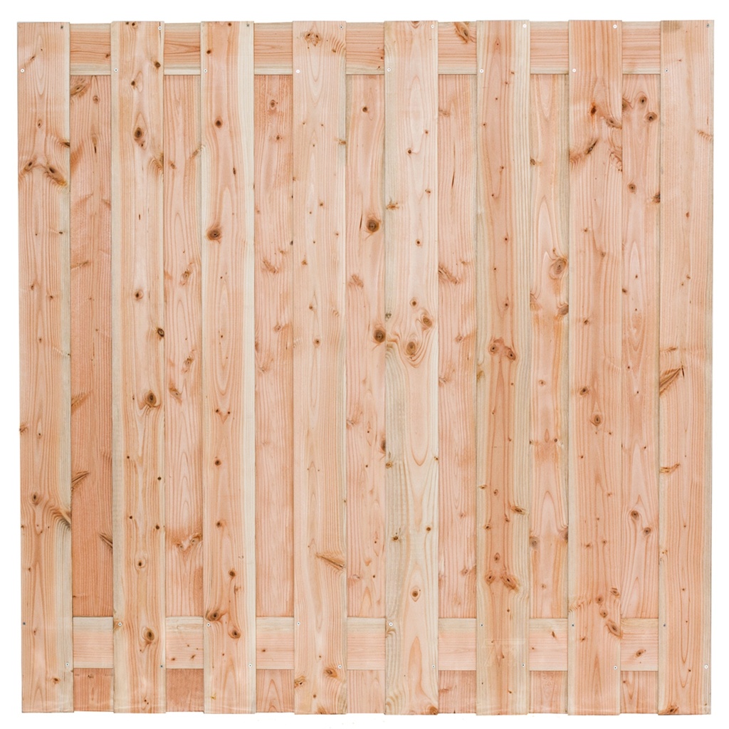 Tuinscherm lariks 17 planks (15+2) Zillertal 180x180cm Planken: 1.6x14.0cm / 15 stuks 2 tussenplanken van 1.6x14.0cm, rvs geschroefd  