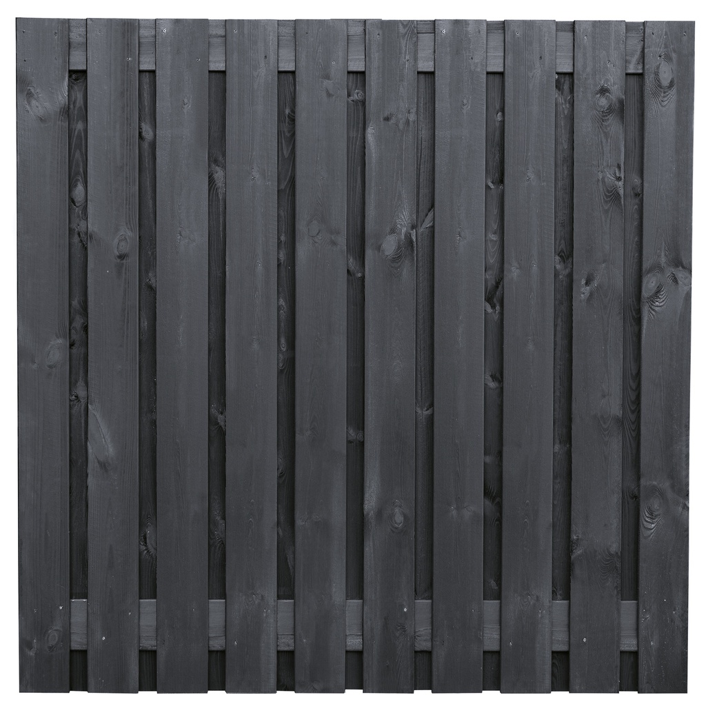 Tuinscherm zwart gesp. 21 planks (19+2) Stuttgart 180x180cm Planken: 1.6x14.0cm / 19 stuks 2 tussenplanken van 1.6x14.0cm, rvs geschroefd  