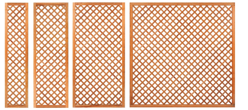 Trellis, diagonaal hardhout met lijst H180xB40cm glad geschaafd lamel: 0.7x2.0cm / lijst 3.0x5.0cm  Houtsoort: Keruing 