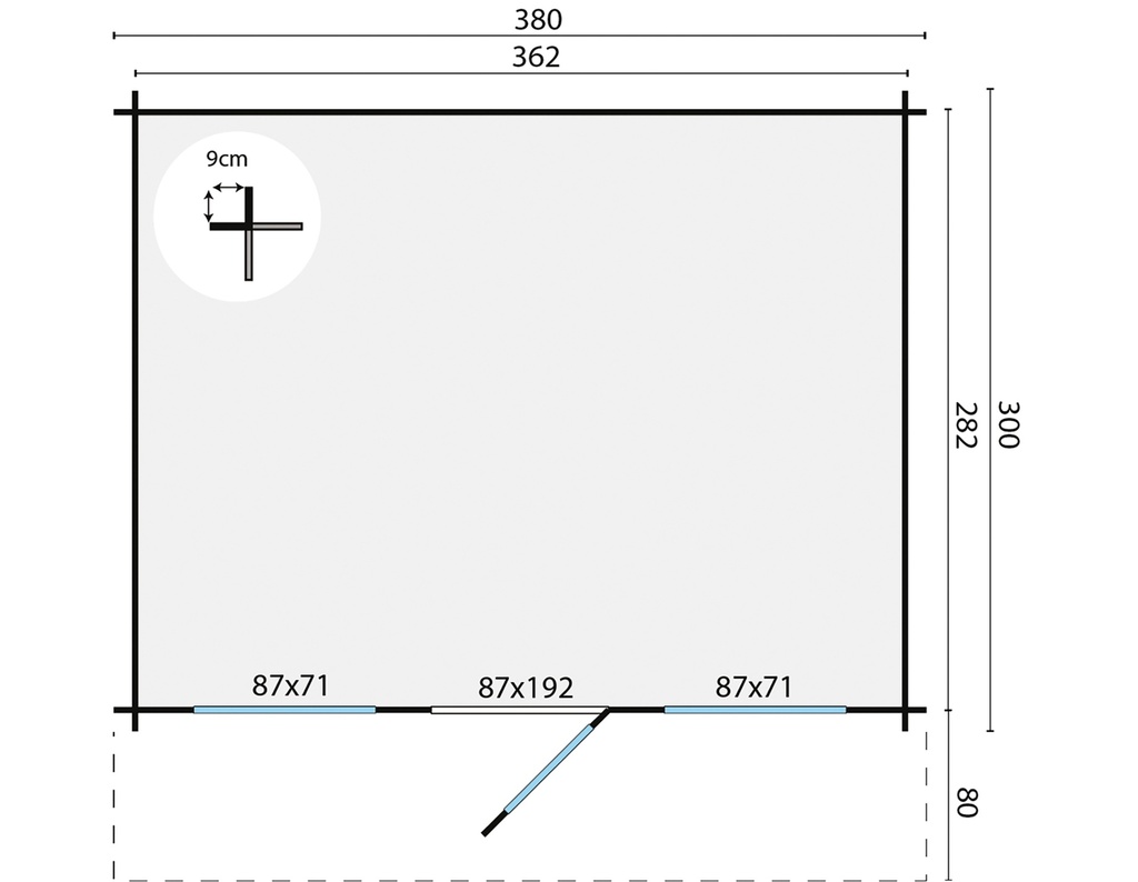 Blokhut - Tuinhuis 28mm Mika Prijs exclusief dakbedekking - dient apart besteld te worden Dakleer: 26,5 m² / Shingles: 18 m² / Aqua: 20 STK / Profiel: zie tab Afmeting: L300xB380xH247cm 