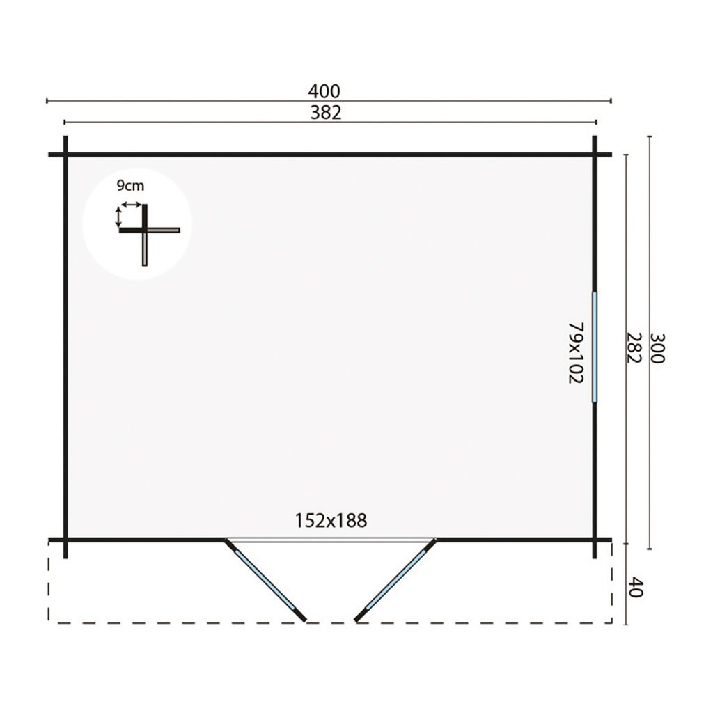 Blokhut - Tuinhuis 40mm Dyre Prijs exclusief dakbedekking - dient apart besteld te worden Dakleer: 26,5 m² / Shingles: 18 m² / Aqua: 20 STK / Profiel: zie tab Afmeting: L400xB300xH236cm 