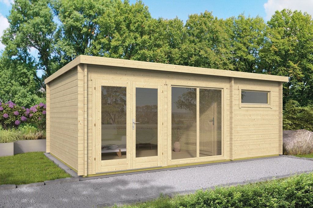 Blokhut - Tuinhuis 40mm Flow Prijs exclusief dakbedekking - dient apart besteld te worden Easy-roofing: 35 m² / EPDM: Set 40.9991/16 Afmeting: L595xB400xH230cm Gehard ISO glas