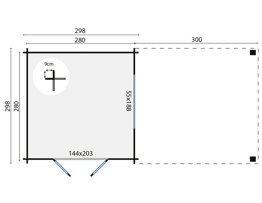 Blokhut - Tuinhuis 28mm Dellinger met overkapping Prijs exclusief dakbedekking - dient apart besteld te worden Dakleer: 26 m² / Easy-roofing: 30 m² / EPDM: Set 40.9991/12 Afmeting: L300xB300xH225cm 