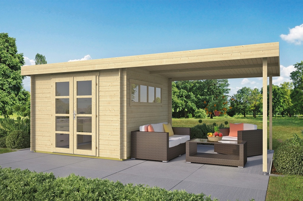 Blokhut - Tuinhuis 28mm Dellinger met overkapping Prijs exclusief dakbedekking - dient apart besteld te worden Dakleer: 26 m² / Easy-roofing: 30 m² / EPDM: Set 40.9991/12 Afmeting: L300xB300xH225cm 