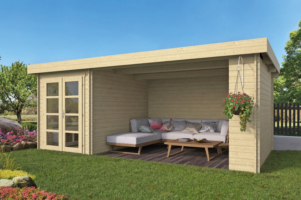 Blokhut - Tuinhuis 28mm Megamodern met overkapping Prijs exclusief dakbedekking - dient apart besteld te worden Dakleer: 26 m² / Easy-roofing: 25 m² / EPDM: Set 40.9991/10 Afmeting: L300xB575xH230cm 