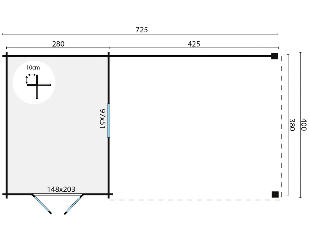 Blokhut - Tuinhuis - Home Office 44mm Gunnar met overkapping Prijs exclusief dakbedekking - dient apart besteld te worden Easy-roofing: 40 m² / EPDM: Set 40.9991/19 Afmeting: L400xB725xH236cm 