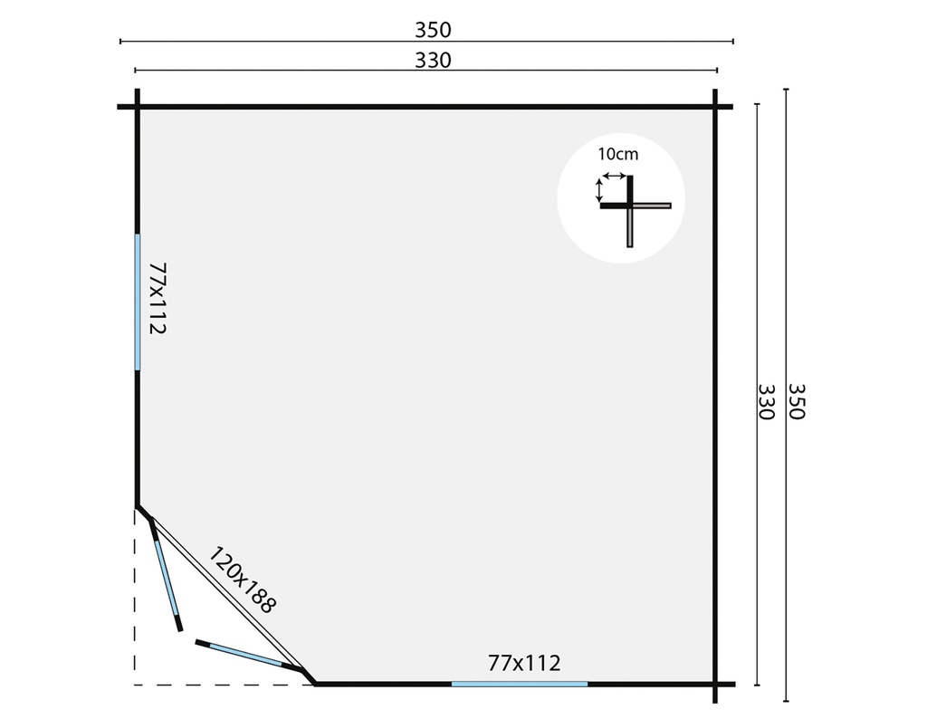 Blokhut - Tuinhuis 28mm Dagmar Prijs exclusief dakbedekking - dient apart besteld te worden Dakleer: 30 m² / Shingles: 24 m² Afmeting: L350xB350xH298cm 