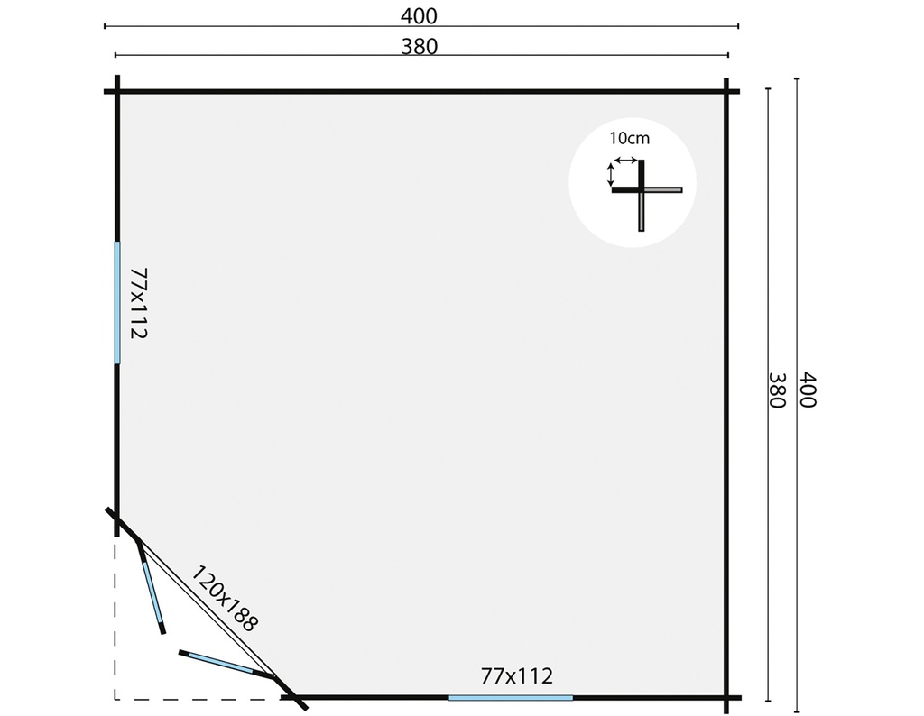 Blokhut - Tuinhuis - Home Office 44mm Lotte Prijs exclusief dakbedekking - dient apart besteld te worden Dakleer: 36,5 m² / Shingles: 27 m² Afmeting: L400xB400xH302cm 