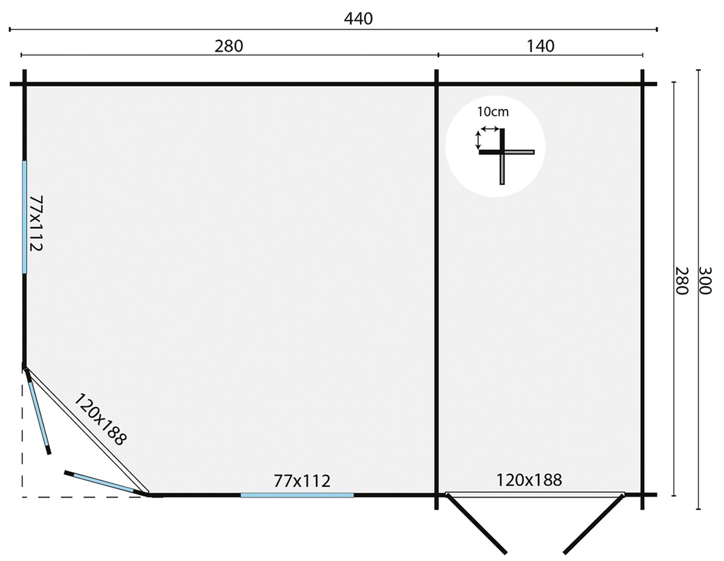 Blokhut - Tuinhuis - Home Office 44mm Agnes met aanbouw Prijs exclusief dakbedekking - dient apart besteld te worden Dakleer: 36,5 m² / Shingles: 27 m² Afmeting: L440xB300xH298cm 