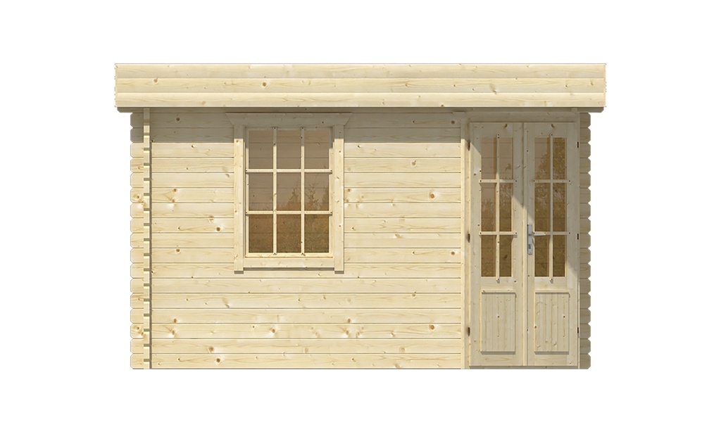 Blokhut - Tuinhuis - Home Office 44mm Helge met aanbouw Prijs exclusief dakbedekking - dient apart besteld te worden Dakleer: 26,5 m² / Easy-roofing: 30 m² / EPDM: Set 40.9991/13 Afmeting: L500xB350xH226cm 