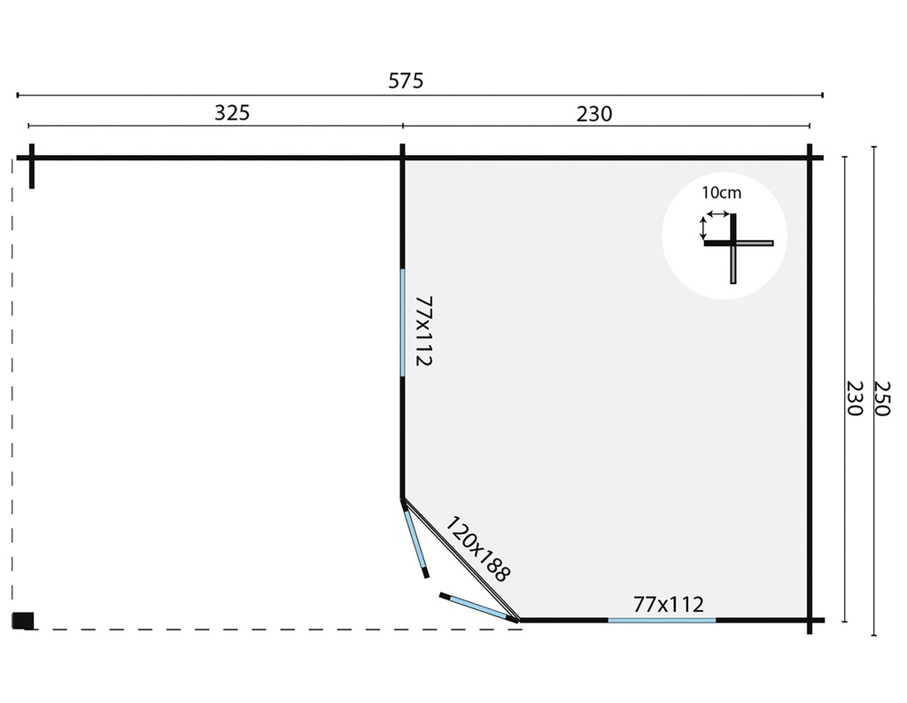 Blokhut - Tuinhuis 28mm Niklas met overkapping Prijs exclusief dakbedekking - dient apart besteld te worden Dakleer: 36,5 m² / Shingles: 27 m²  Afmeting: L250xB575xH259cm 