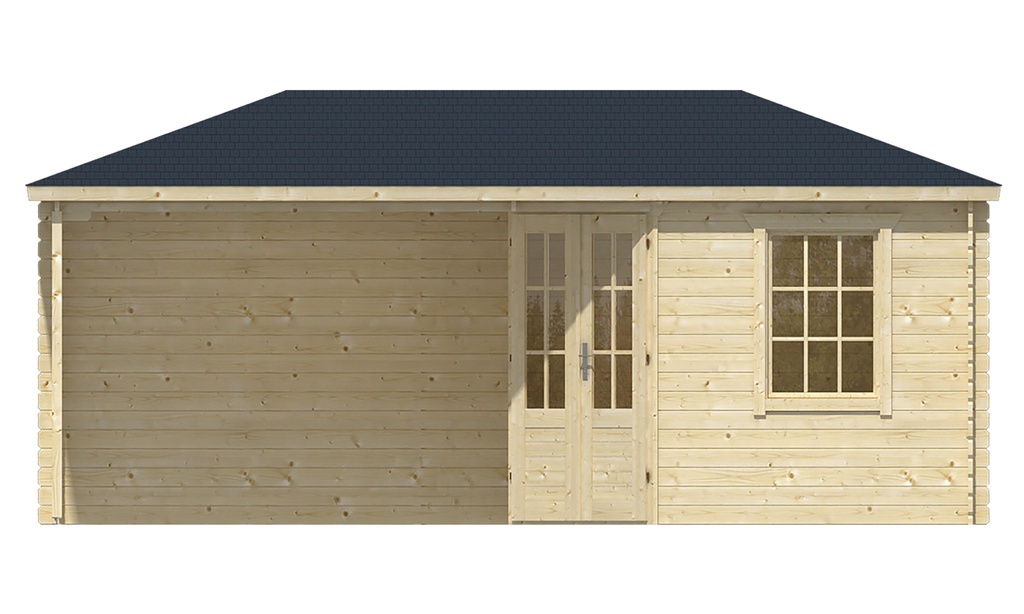 Blokhut - Tuinhuis 28mm Markku met overkapping Prijs exclusief dakbedekking - dient apart besteld te worden Dakleer: 36,5 m² / Shingles: 30 m² Afmeting: L300xB575xH271cm 