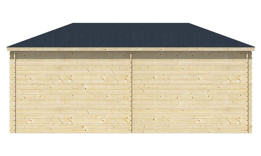 Blokhut - Tuinhuis 28mm Markku met overkapping Prijs exclusief dakbedekking - dient apart besteld te worden Dakleer: 36,5 m² / Shingles: 30 m² Afmeting: L300xB575xH271cm 