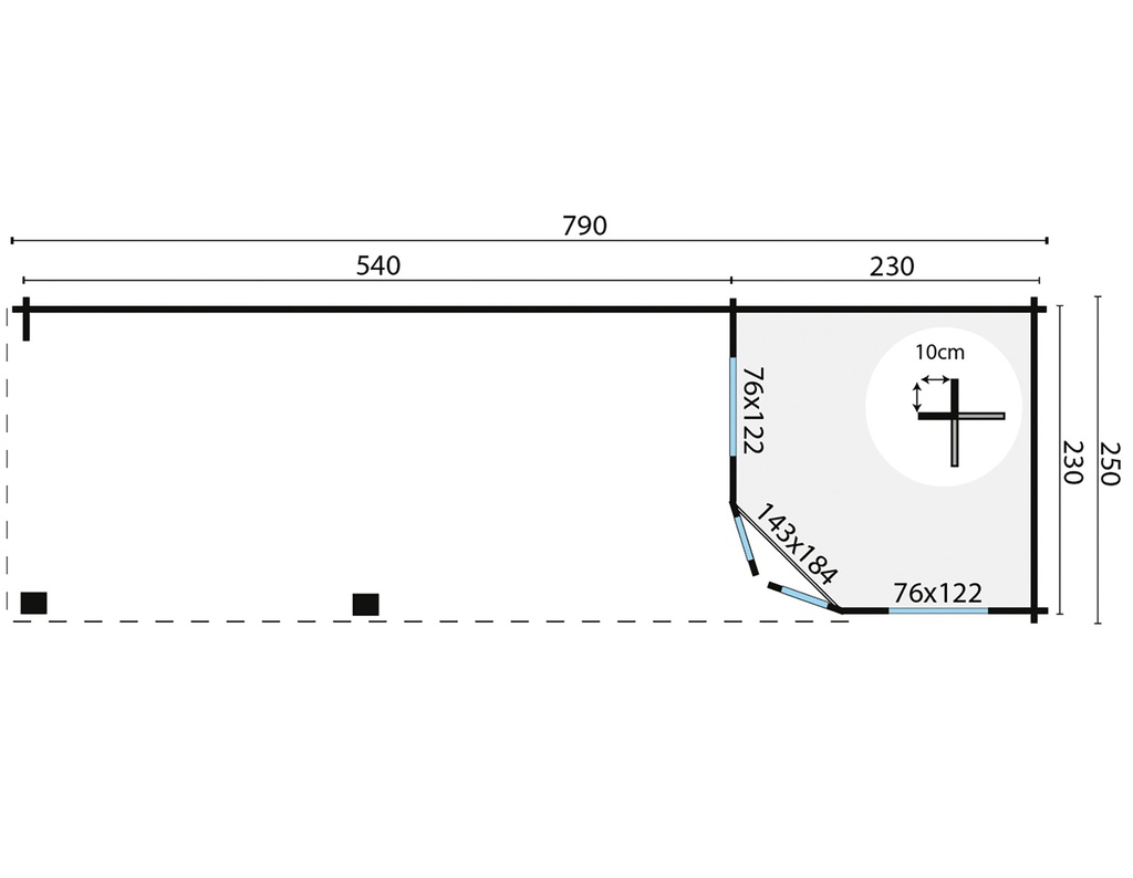 Blokhut - Tuinhuis - Home Office 44mm Gretel met overkapping Prijs exclusief dakbedekking - dient apart besteld te worden Dakleer: 46,5 m² / Shingles: 36 m² Afmeting: L790xB250xH282cm 