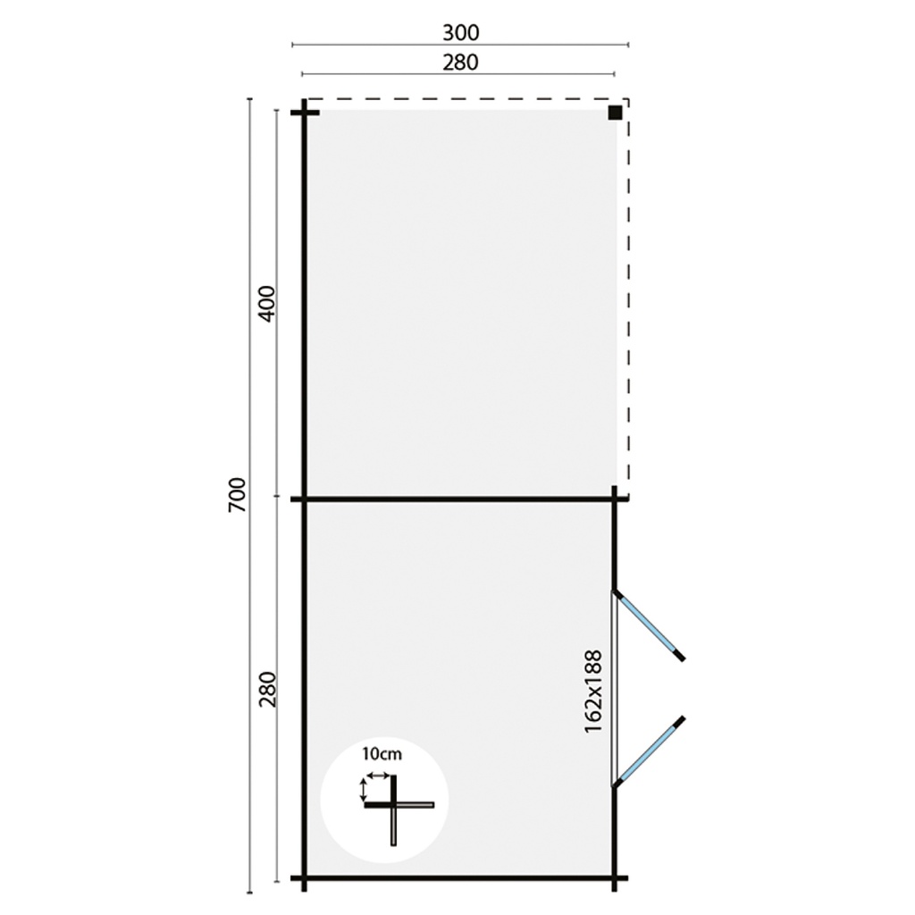 Blokhut - Tuinhuis 28mm grijs geïmp. Charlotta met overkapping Prijs exclusief dakbedekking - dient apart besteld te worden Dakleer: 40 m² / Easy-roofing: 30 m² / EPDM: 40.9991/14 Afmeting: L300xB700xH217cm 