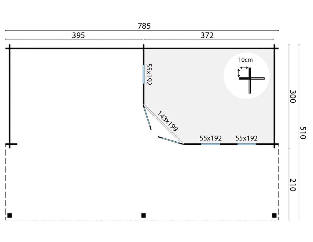 Blokhut - Tuinhuis 40mm Oletha met overkapping Prijs exclusief dakbedekking - dient apart besteld te worden Dakleer: 60 m² / Easy-roofing: 60 m² / EPDM: Set 40.9991/23 Afmeting: L785xB510xH257cm 