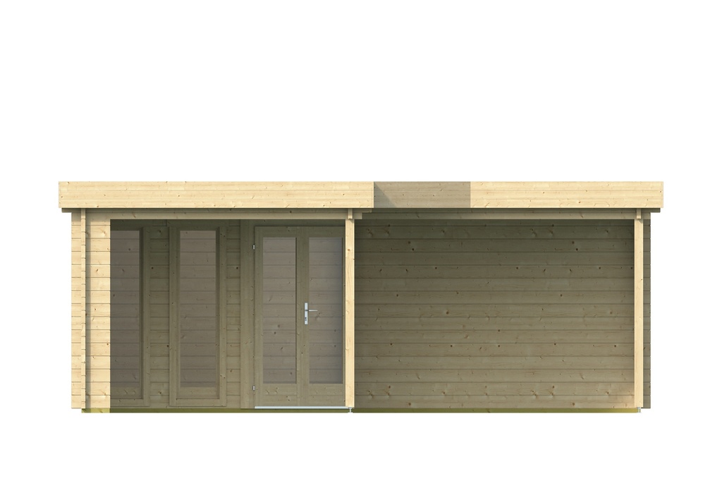 Blokhut - Tuinhuis - Home Office 44mm Funen Prijs exclusief dakbedekking - dient apart besteld te worden Easy-roofing: 50 m² / EPDM: Sets 40.9991/01 + /04+ /10 Afmeting: L600xB600xH229cm Gehard ISO glas