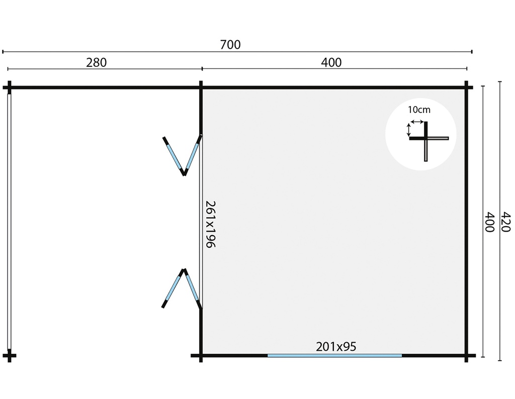 Blokhut - Tuinhuis - Home Office 44mm Torkel met overkapping Prijs exclusief dakbedekking - dient apart besteld te worden Dakleer: 50 m² / Shingles: 42 m² Afmeting: L700xB420xH317cm 