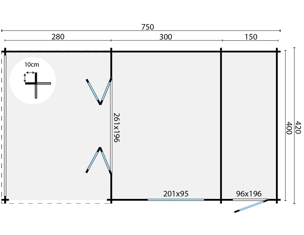 Blokhut - Tuinhuis - Home Office 44mm Viveka met overkapping Prijs exclusief dakbedekking - dient apart besteld te worden Dakleer: 56,5 m² / Shingles: 45 m² Afmeting: L750xB420xH317cm 