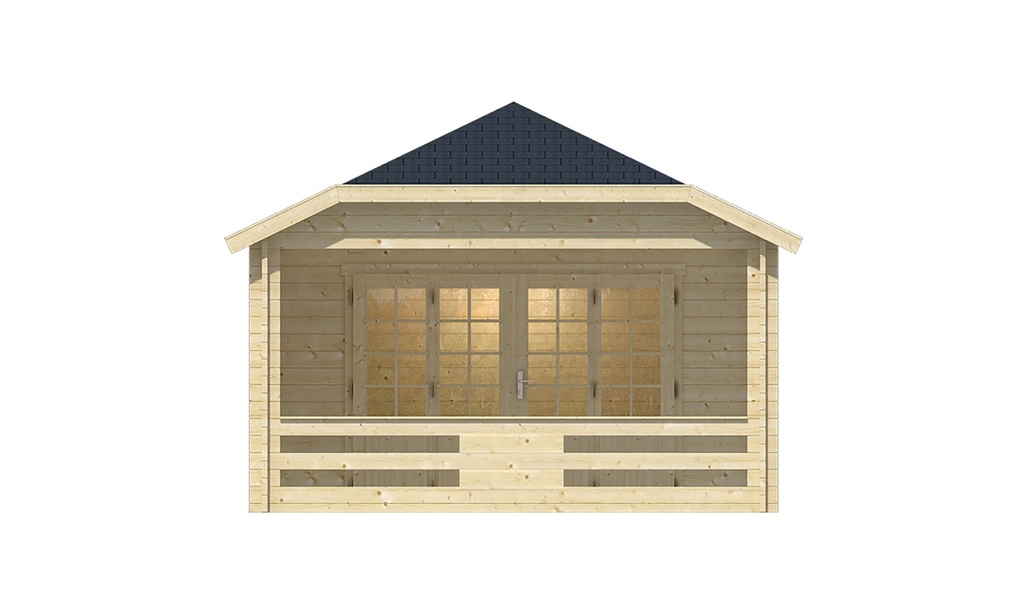 Blokhut - Tuinhuis - Home Office 44mm Viveka met overkapping Prijs exclusief dakbedekking - dient apart besteld te worden Dakleer: 56,5 m² / Shingles: 45 m² Afmeting: L750xB420xH317cm 