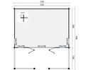 Blokhut - Tuinhuis - Home Office 44mm Olaug Prijs exclusief dakbedekking - dient apart besteld te worden Dakleer: 56,5 m² / Shingles: 45 m² / Aqua: 64 STK / Profiel: zie tab Afmeting: L400+200xB550xH391cm 