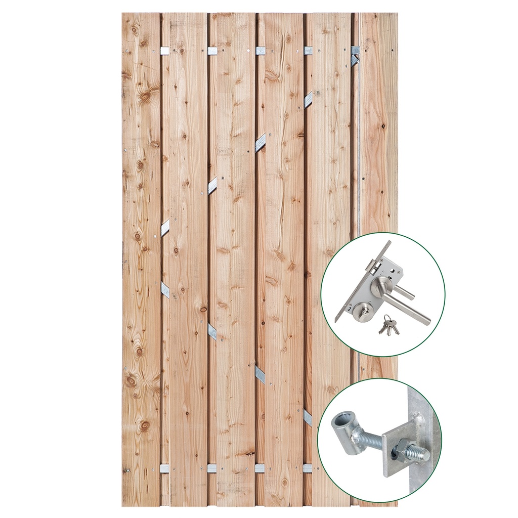 *Lariks tuindeur Privacy + rvs inbouwslotset 195x100cm plank: 1.6x14.0cm / 11 stuks + 1.4x9.0cm / 2 stuks Luxe rvs inbouwslotset  