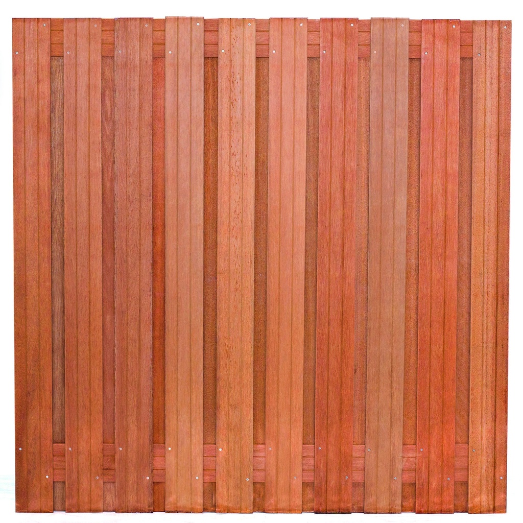Tuinscherm hardhout 21 planks (19+2) Dronten 180 x 180 Planken: 1.4x14.0cm / 19 stuks 2 tussenregels van 1.4x14.0cm, rvs geschroefd houtsoort: Keruing 