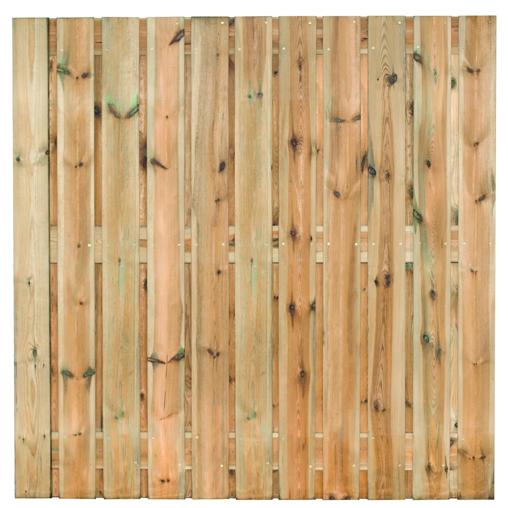 Tuinscherm geïmp. 23 planks (21+2) Zaltbommel 180x180cm Planken: 1.6x14.0cm / 21 stuks 2 tussenplanken van 1.6x14.0cm, rvs geschroefd  