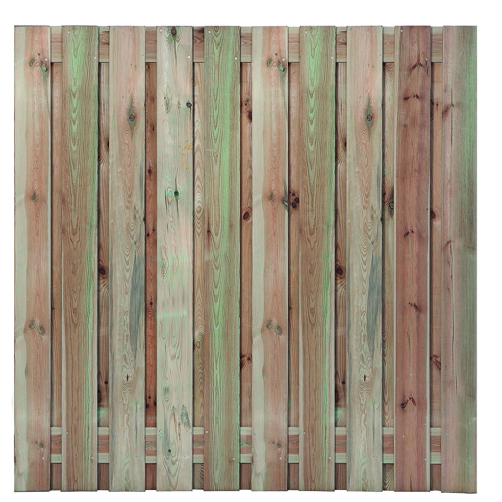 Tuinscherm geïmp. 21 planks (19+2) Haaksbergen 180x180cm (15mm) Planken: 1.5x14.0cm / 19 stuks 2 tussenplanken van 1.5x14.0cm, rvs geschroefd  