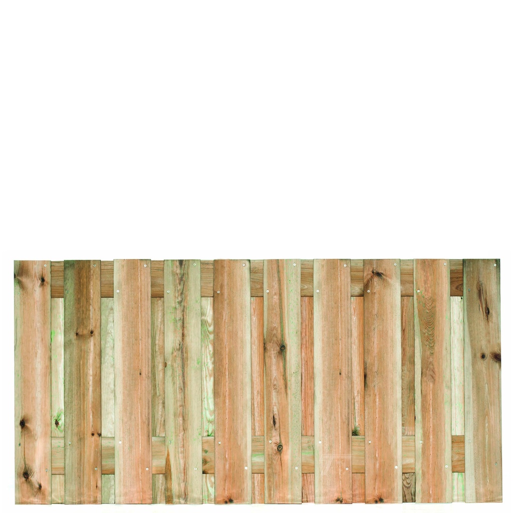 Tuinscherm geïmp. 21 planks (19+2) Enschede 90x180cm Planken: 1.6x14.0cm / 19 stuks 2 tussenplanken van 1.6x14.0cm, rvs geschroefd  