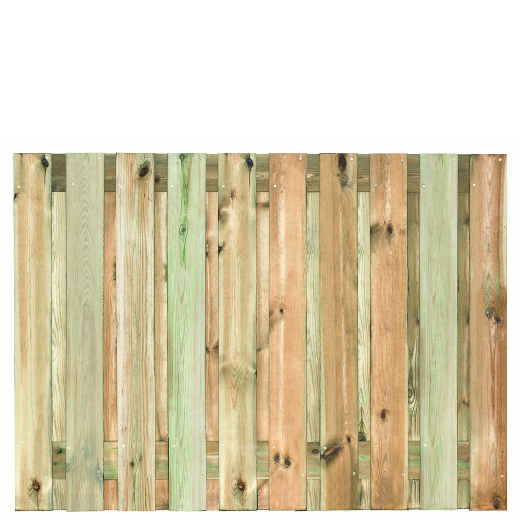 Tuinscherm geïmp. 21 planks (19+2) Enschede 130x180cm Planken: 1.6x14.0cm / 19 stuks 2 tussenplanken van 1.6x14.0cm, rvs geschroefd  