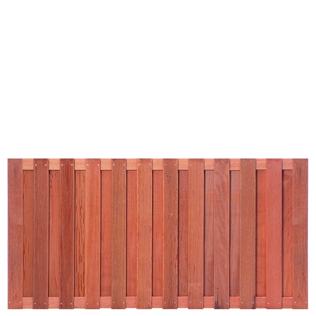 Tuinscherm hardhout Leeuwarden 180x90cm Lamellen: 1.2x9.0cm / 23 stuks 2 tussenregels van 1.6x7.0cm, rvs geschroefd houtsoort: Keruing 