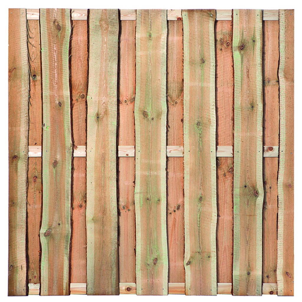 Tuinscherm geïmpregneerd 12 planks Rustiek H180xB180cm Schaaldelen: 1.8x20.0-25.0cm / 12 stuks 3 tussenregels  van 1.7x7.0cm, rvs geschroefd  