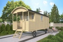 Zigeunerwagen 600cm incl. Veranda Johnny met vooringang excl. Onderstel Prijs exclusief dakbedekking - dient apart besteld te worden Dakleer: 32,5 m² Afmeting: L480+120xB240xH325cm (hoogte incl. wielen) dubbel glas