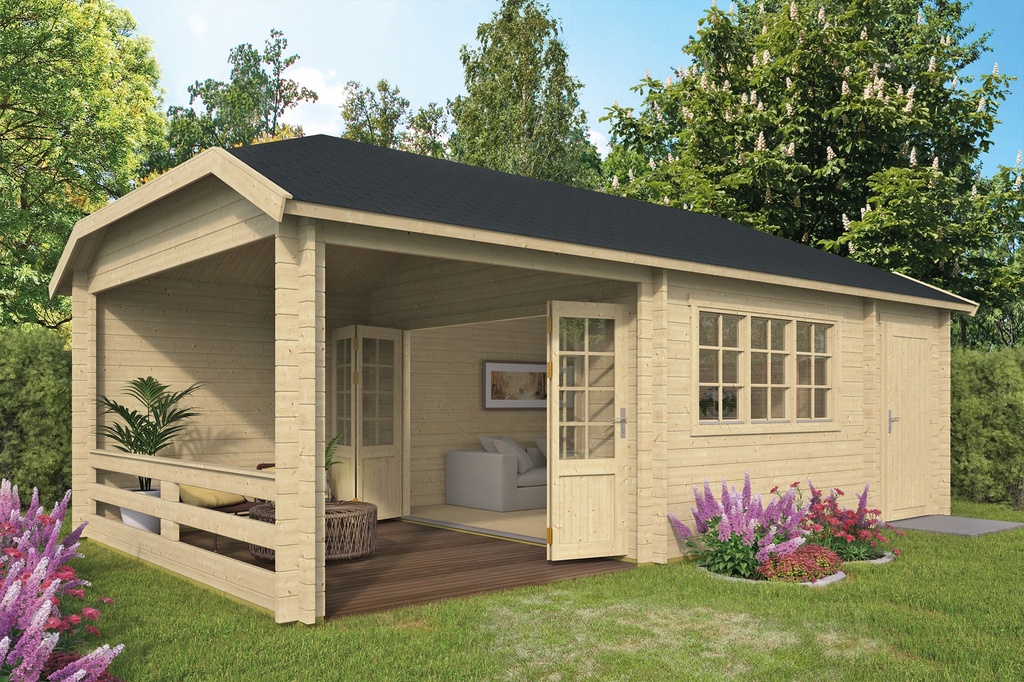 Blokhut - Tuinhuis - Home Office 44mm Viveka met overkapping Prijs exclusief dakbedekking - dient apart besteld te worden Dakleer: 56,5 m² / Shingles: 45 m² Afmeting: L750xB420xH317cm 