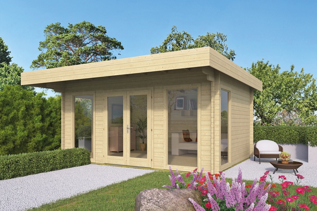 Blokhut - Tuinhuis - Home Office 44mm Yorick Prijs exclusief dakbedekking - dient apart besteld te worden Easy-roofing: 35 m² / EPDM: Set 40.9991/20 Afmeting: L500xB380xH230cm Gehard ISO glas