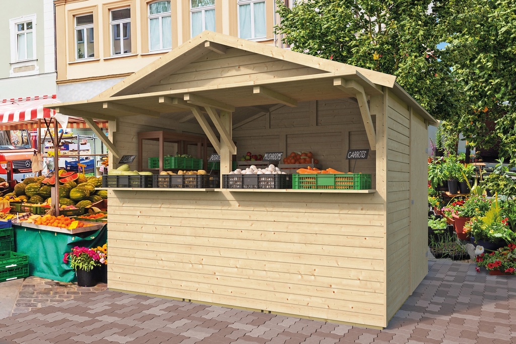 Kiosk 16mm onbehandeld vuren Noël 300x240cm incl. vloer Prijs exclusief dakbedekking - dient apart besteld te worden Dakleer: 16,5 m² Afmeting: L300xB240xH251cm 