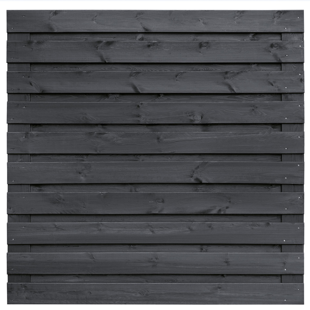 [P022272-8.54184P] Tuinscherm zwart gesp. 21 planks (19+2) Kassel H180xB180cm horizontaal Planken: 1.6x14.0cm / 19 stuks 2 tussenplanken van 1.6x14.0cm, rvs geschroefd  