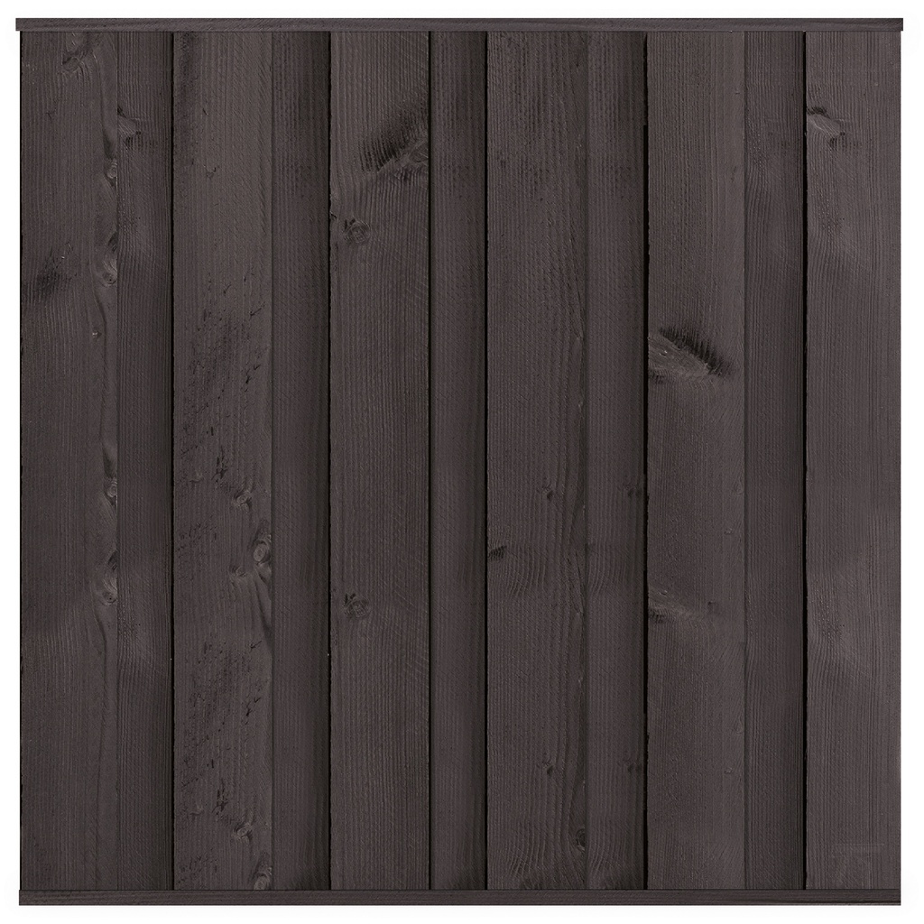[P022266-8.54181P] Tuinscherm zwart gespoten 11 planks Rosenheim 180x180cm fijnbezaagd Planken: 1.8x20.0cm / 11 stuks  Boven- en onderlat: 2.8x3.6cm, rvs geschroefd  