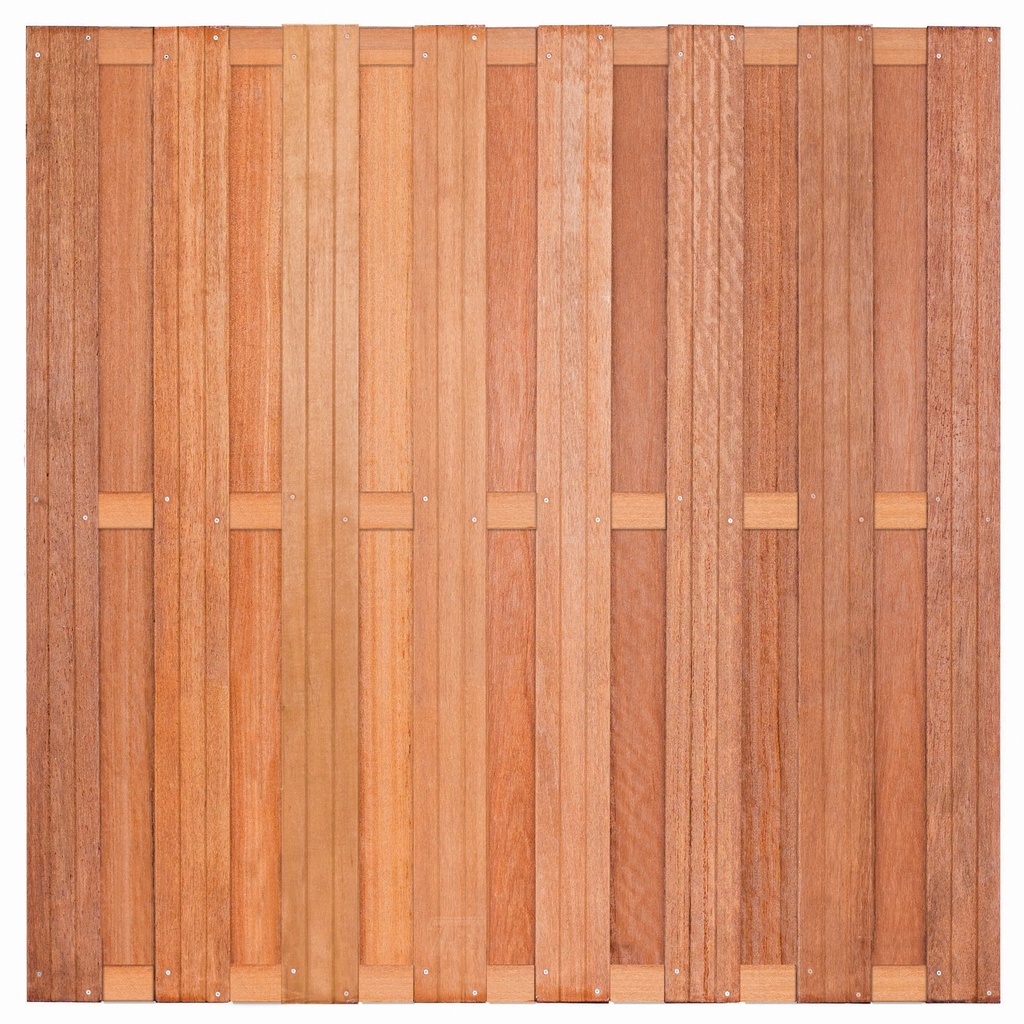 [P002254-8.46180] Tuinscherm hardhout 15 planks Bronkhorst 180x180cm Planken: 1.4x14.0cm / 15 stuks 3 tussenregels van 1.6x7.0cm, rvs geschroefd houtsoort: Keruing 