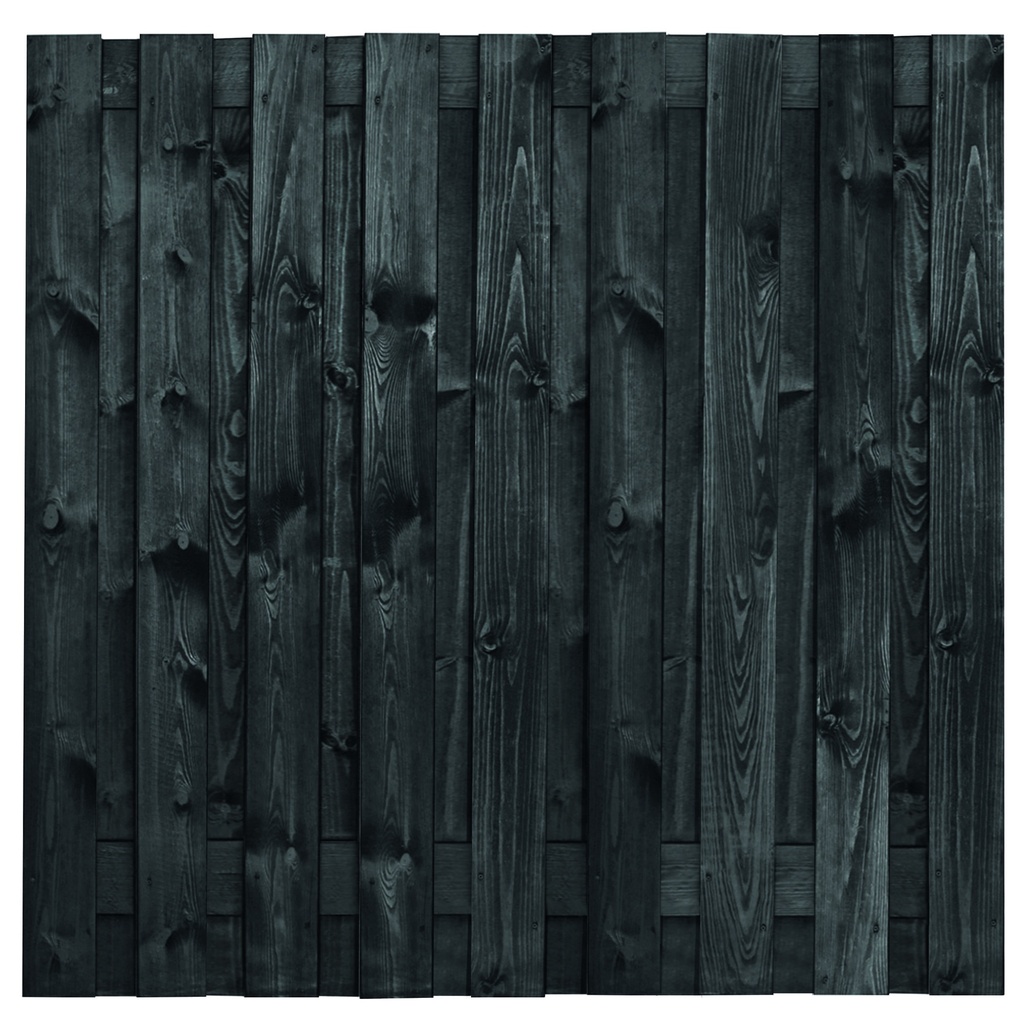 [P022242-8.51180P] Tuinscherm zwart gesp. 19 planks (17+2) Koblenz H180xB180cm Planken: 1.6x14.0cm / 17 stuks 2 tussenplanken van 1.6x14.0cm, rvs geschroefd  