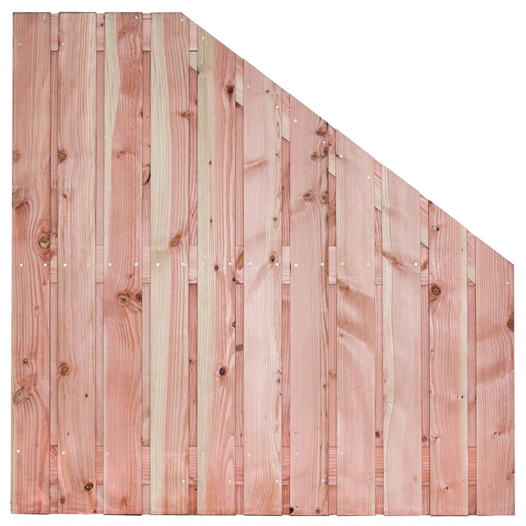 [P022215-8.23918P] Tuinscherm lariks 23 planks (21+2) Harz 180/90x180cm VERLOOP Planken: 1.6x14.0cm / 21 stuks 2 tussenplanken van 1.6x14.0cm, rvs geschroefd  