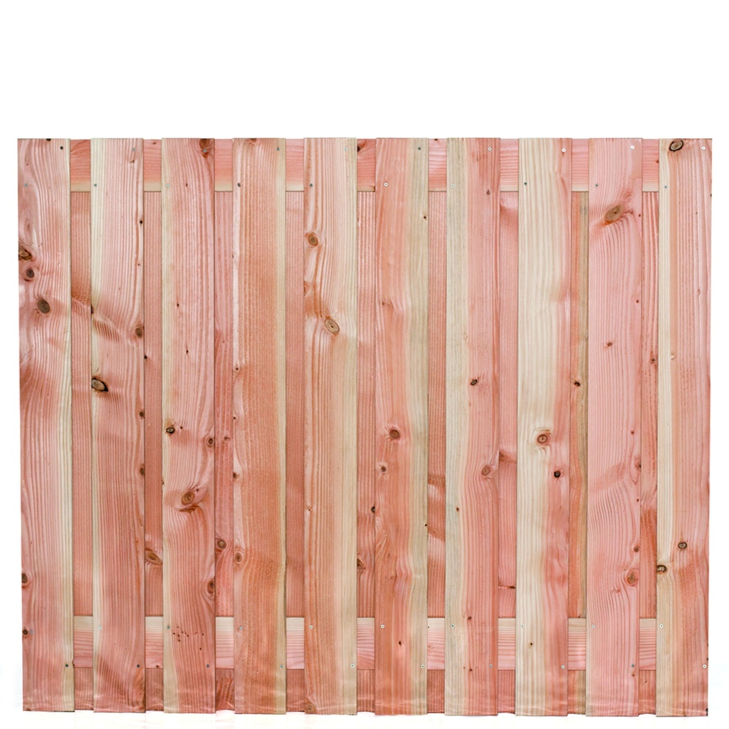 [P022200-8.22150P] Tuinscherm lariks 21 planks (19+2) Zwarte Woud 150x180cm Planken: 1.6x14.0cm / 19 stuks 2 tussenplanken van 1.6x14.0cm, rvs geschroefd  