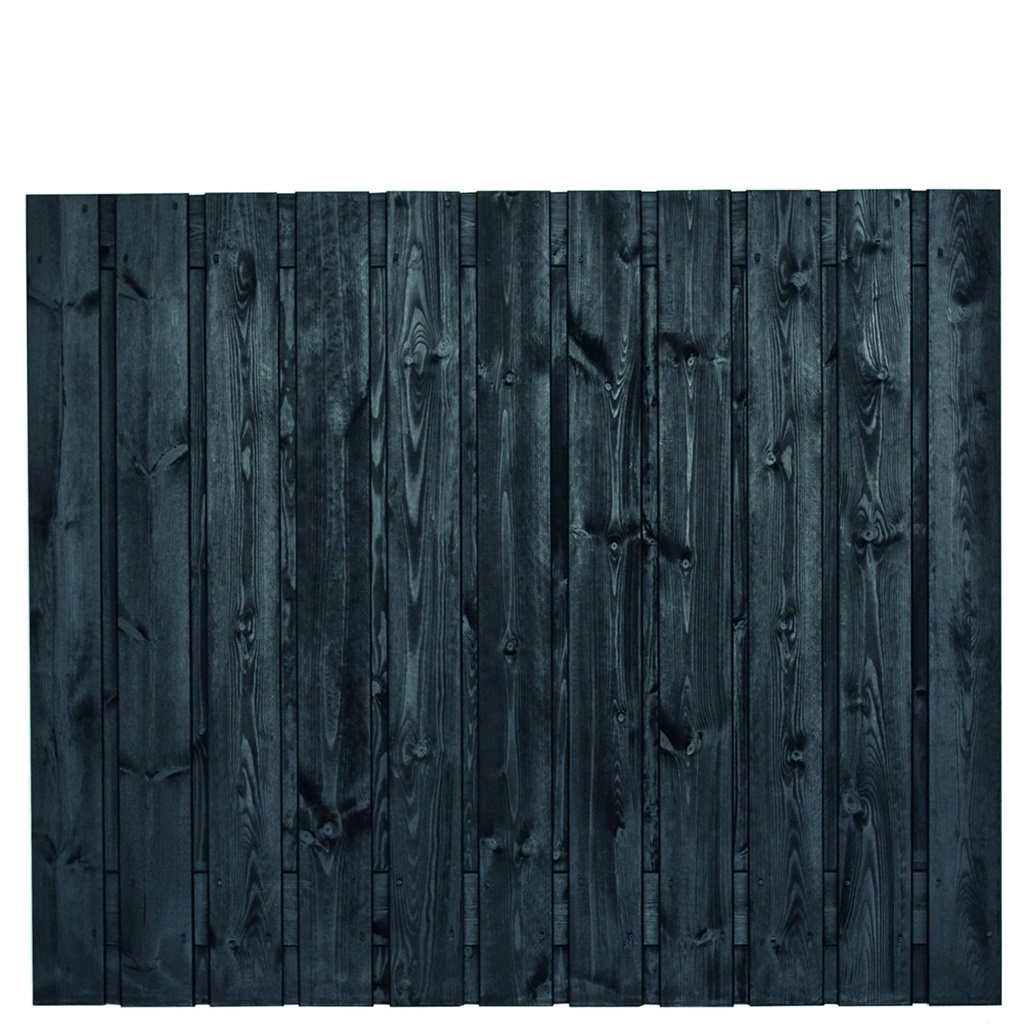 [P022258-8.53150P] Tuinscherm zwart gesp. 23 planks (21+2) Dresden 150x180cm Planken: 1.6x14.0cm / 21 stuks 2 tussenplanken van 1.6x14.0cm, rvs geschroefd  