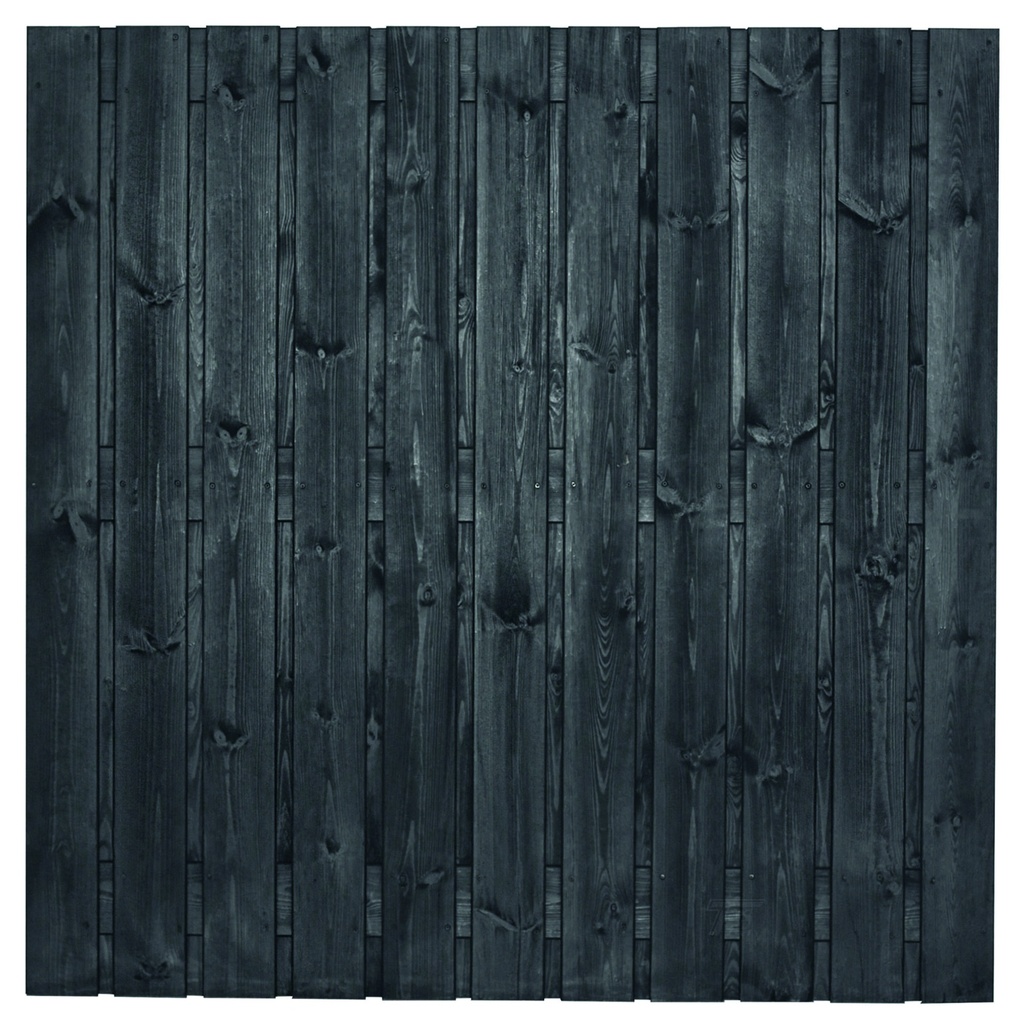 [P022260-8.53180P] Tuinscherm zwart gesp. 23 planks (21+2) Dresden 180x180cm Planken: 1.6x14.0cm / 21 stuks 2 tussenplanken van 1.6x14.0cm, rvs geschroefd  